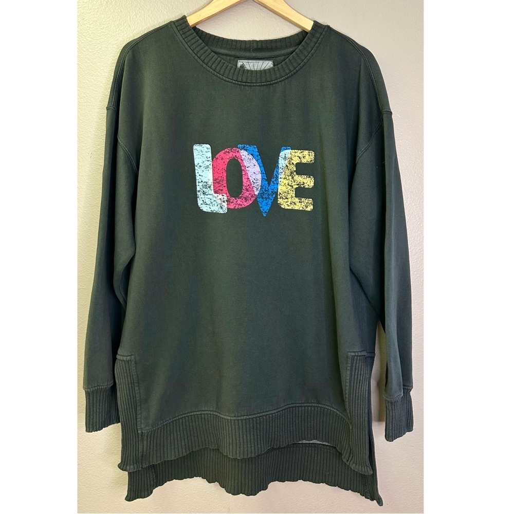 C&C California Dark Gray LOVE Graphic Sunwashed Crewneck Sweater